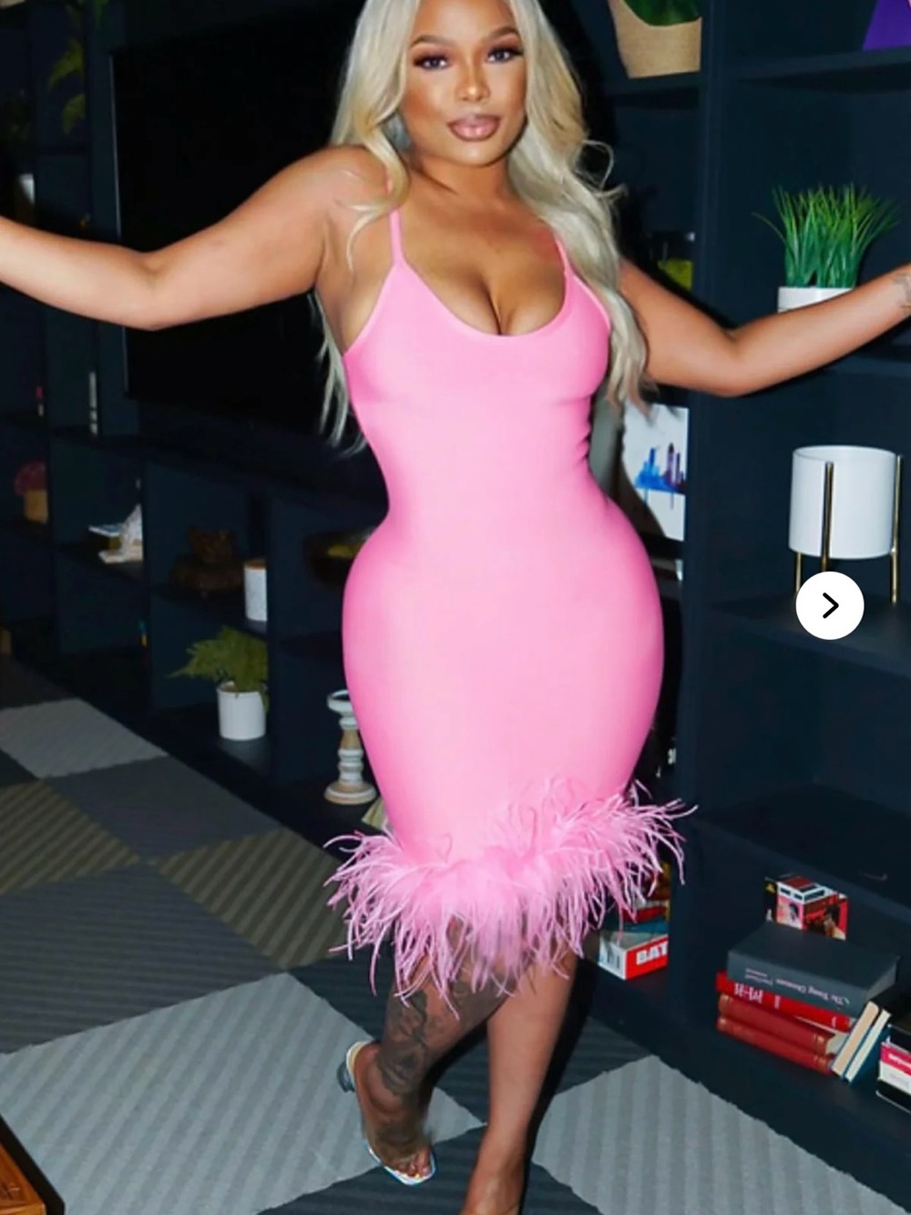 Fashion Nova Pink Feather-Hem Midi Dress
